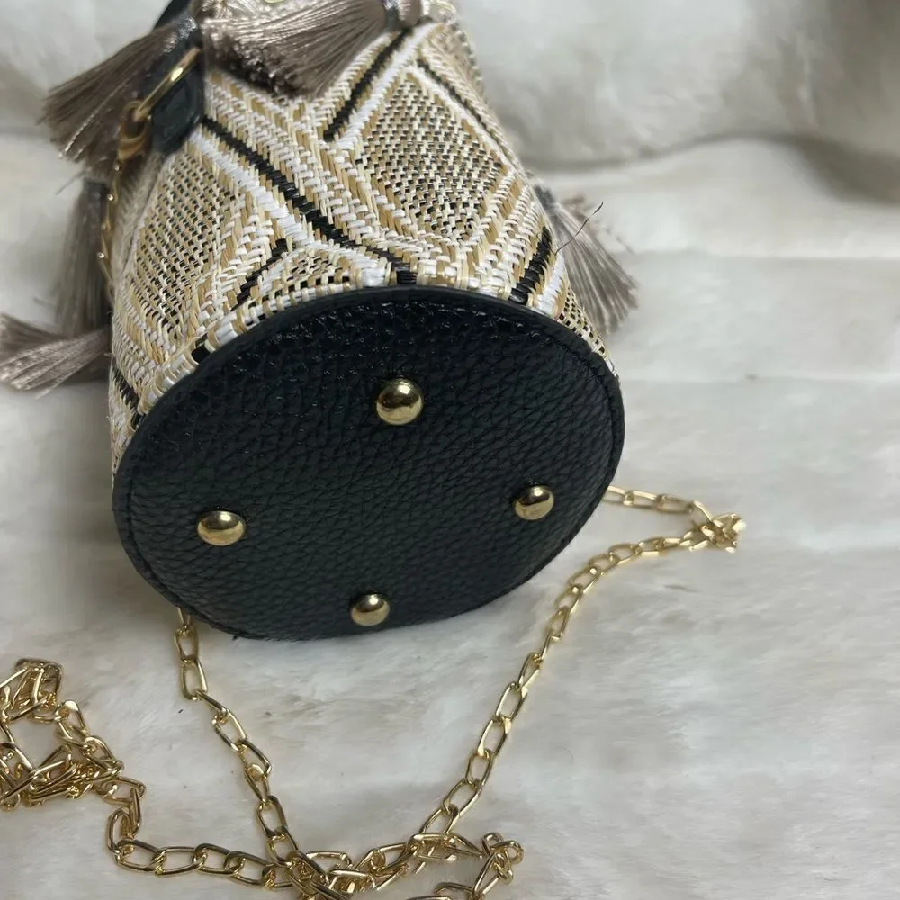 Mini tassels bucket bag beige ,brown and black with gold tone chain strap
